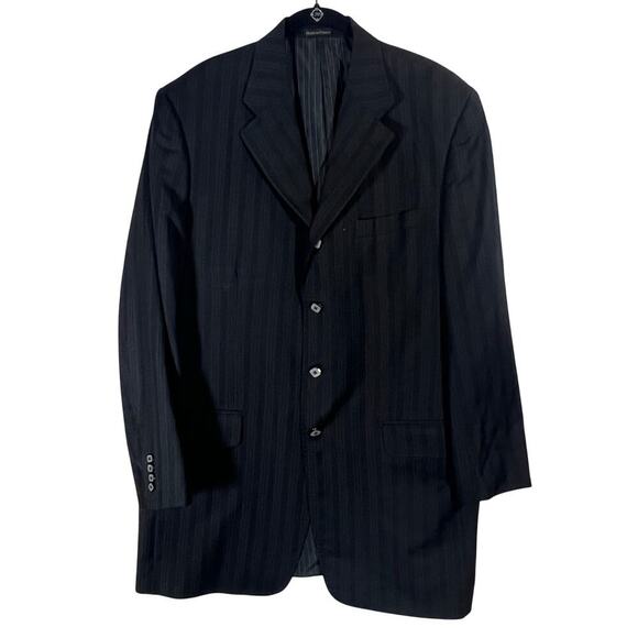 Tiglio Baroloz 100% Virgin Wool 150 Black Pin Striped Men’s Suit Jacket Long VTG - Picture 1 of 10